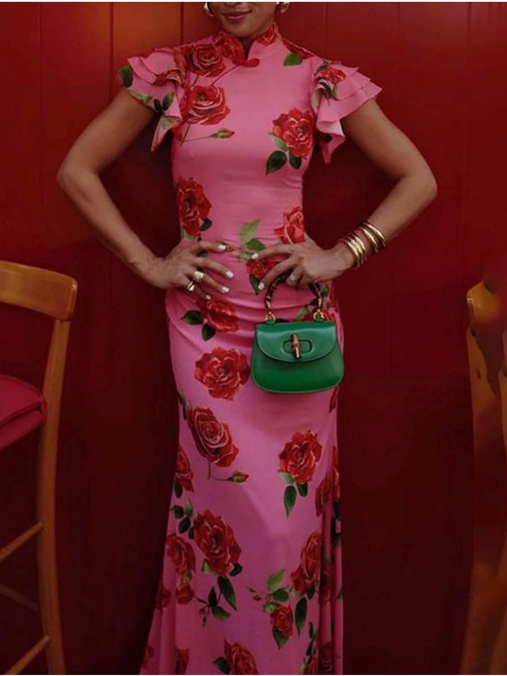 Pink Floral Maxi Dress with Mandarin Collar